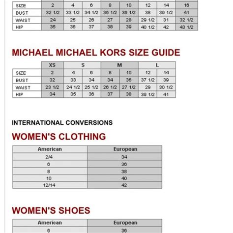 Michael Kors shoes size charts .